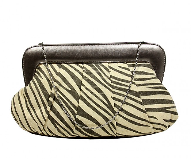 Evening Bag - Pleated Zebra Print w/ Leather Like Frame - Gray - BG-92089GY